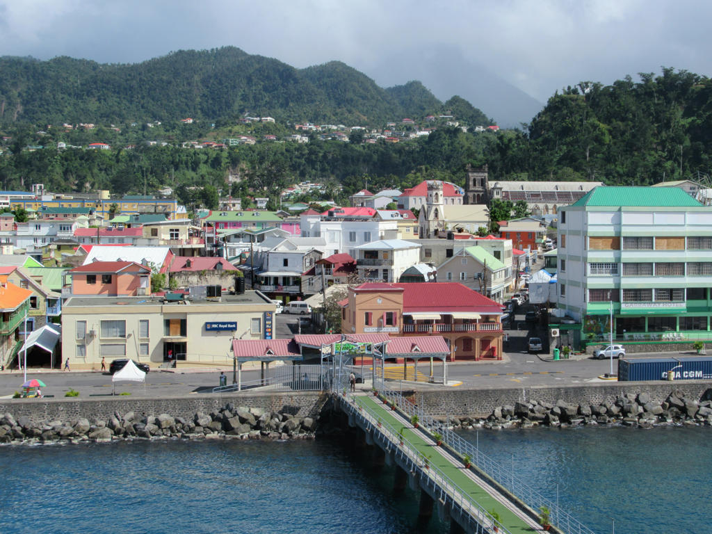 Colourful buildings of Roseau behind the bayfront pier