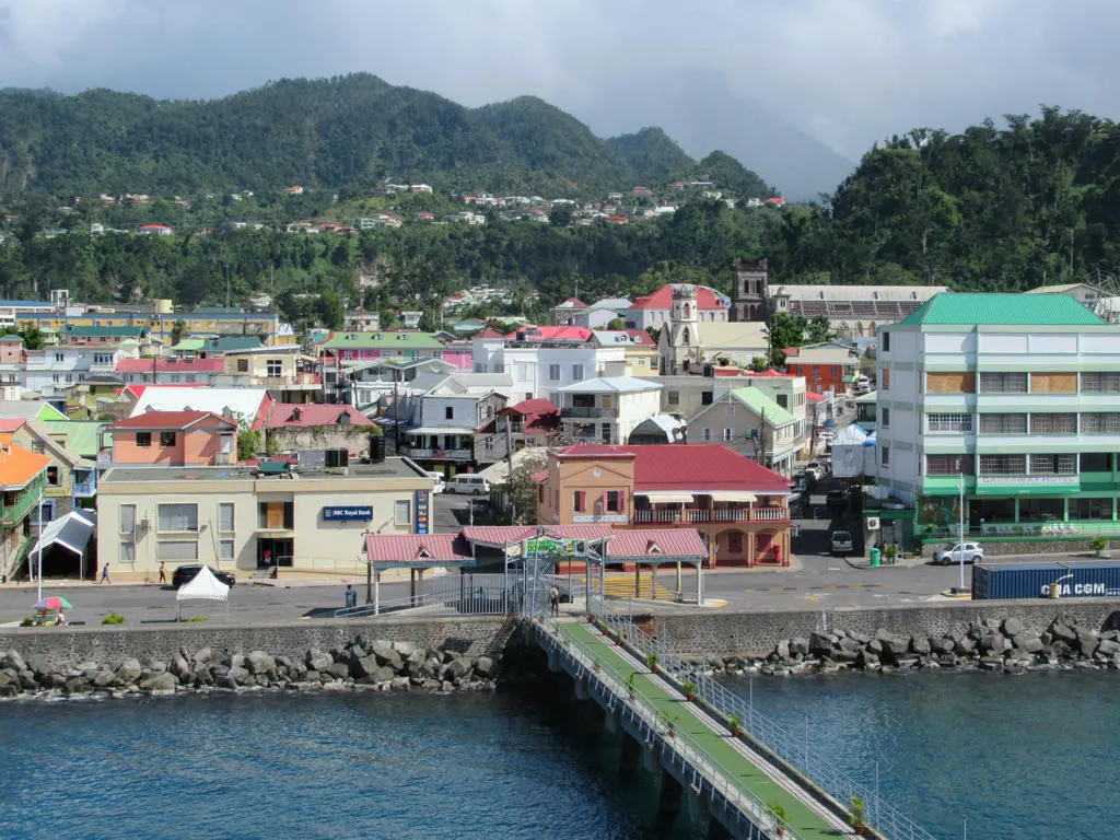 Colourful buildings of Roseau behind the bayfront pier